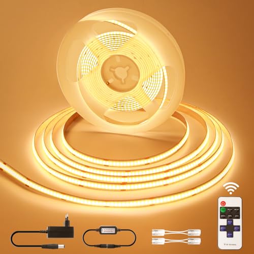 COB LED Streifen Dimmbar 3000K 5M LED Strip Warmweiss mit Fernsteuerung, 24v Flexibel Wasserdicht Selbstklebend Lichtleiste Hintergrundbeleuchtung Lichtband für TV Küche Zimmer Schrank DIY Dekoration von Öuesen