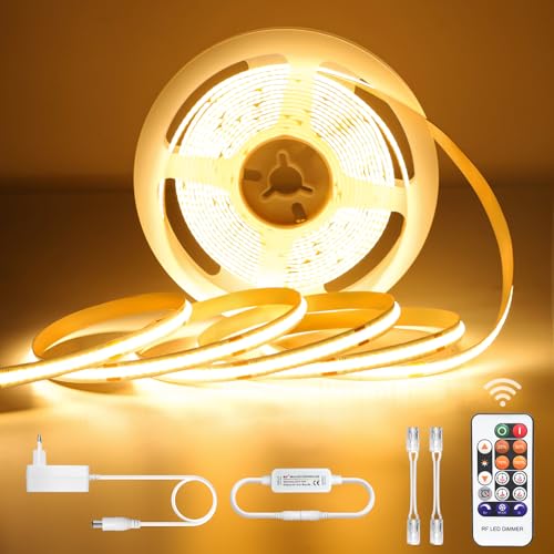 COB LED Streifen Warmweiss 5M, LED Stripe Dimmbar 24V 3000K, lichtband led selbstklebend Wasserdicht IP44, Lichtleiste mit Netzteil und Controller für Unterbau, TV Küche Wohnzimmer DIY LED Band 5M von Öuesen