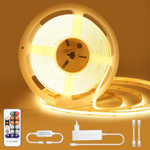 Öuesen COB LED Streifen 10M Warmweiss, Led Strip mit Fernbedienung 24V 3000K, Lichtband Led Selbstklebend, Led Stripes Wasserdicht mit Netzteil, Led Band Dimmbar CRI 90+ für Haus Dekoration von Öuesen