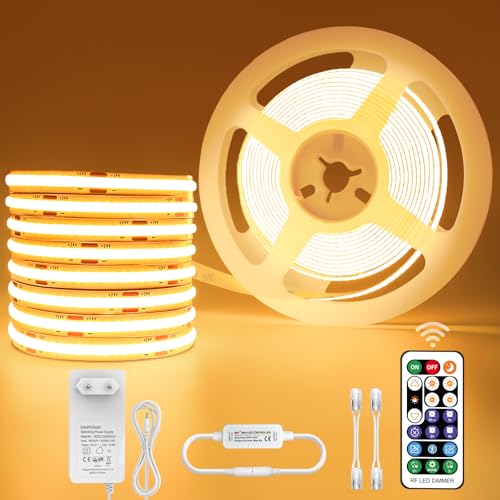 Öuesen COB LED Streifen 5M, COB Strip Warmweiss 24V Dimmbar, Litchband Selbstklebend Wasserdicht IP44, Lichtleiste mit Fernbedienung und Netzteil für Unterbau Küche TV, Band 5M 3000K Öuesen COB LED Streifen 5M, COB Strip Warmweiss 24V Dimmbar, Litchband Selbstklebend Wasserdicht IP44, Lichtleiste mit Fernbedienung und Netzteil für Unterbau Küche TV, Band 5M 3000K von Öuesen