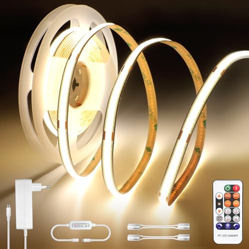 Öuesen COB LED Streifen 5M Naturweiß, Led Strip mit Fernbedienung 24V 4000K, Lichtband Led Selbstklebend mit Netzteil, Led Stripes Wasserdicht, Led Band Dimmbar CRI 90+ für Schlafzimmer Küche Schrank von Öuesen