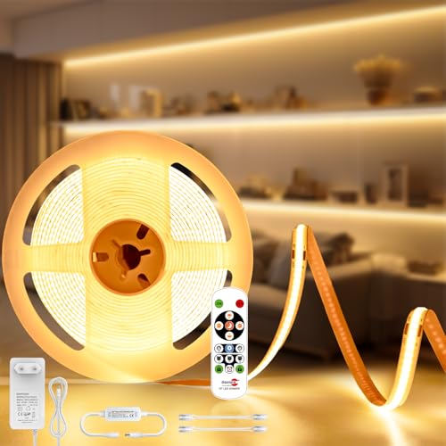 Öuesen Cob Led Streifen Warmweiss 3000K, Led Strip 5m 24V Dimmbar mit Fernbedienung und Netzteil, Lichtband Selbstklebend Wasserdicht IP44, Lichtleiste für Unterbau Küche Wohnzimmer Treppen von Öuesen