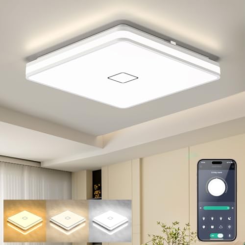 Öuesen Deckenlampe LED mit APP Smart Dimmbar, Deckenleuchte Badezimmer 3000K/4000K/5000K， Badlampe 24W Modern Quadratische, Bad deckenLampe Wasserdicht IP44, Badezimmerlampe, für Wohnzimmer 32.5CM von Öuesen