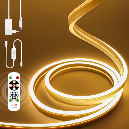 Öuesen Neon LED Strip 5M, LED Streifen warmweiss mit netzteil, IP65 Wasserdicht 3000K LED Streifen 24V mit Fernbedienung, Silikon DIY Flexibel LED band, lichtband für Innen Aussenbereich Heim Deko von Öuesen