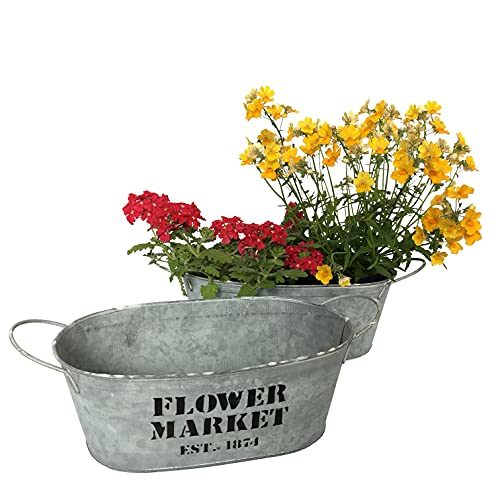 OF 2 Blumentöpfe, Schalen aus Zink, Grau, Silber mit Schriftzug Flower Market - Garten Blumentopf Set P14 von OF