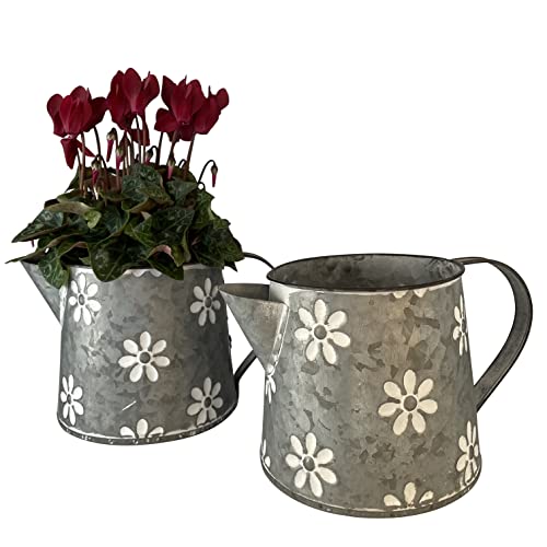 OF 2 Blumentöpfe als Zinkkannen für Blumen - Übertopf Pflanzkübel Blumenkasten Kräutertopf P48, Silber/Weiß, 22 x 15 14,5 cm von OF