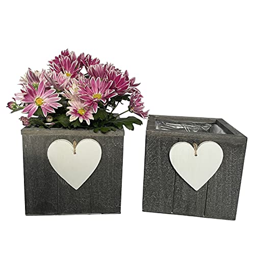 2 Blumentöpfe mit Herz aus Holz im Set - Liebevoller Blumentopf, Blumenkasten - Weiß, Grau (Grau P43) von OF