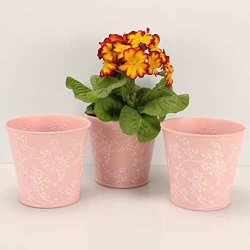 OF 3 Blumentöpfe aus Metall mit Blumenmuster im Set - Blumentopf Kräutertopf – 14 cm groß (Rosa P52) von OF