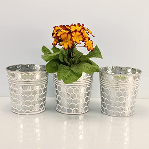 OF 3 Silberne Blumentöpfe aus Metall im Set mit Wabenmuster - Kräutertopf Blumentopf rund (3er Set Groß P67), Silber/Weiß von OF