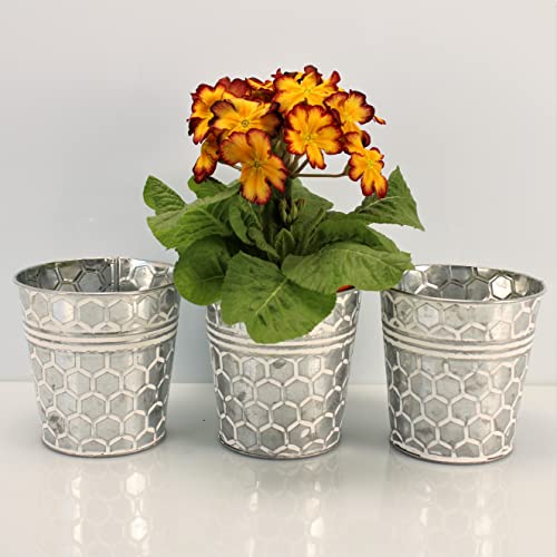 OF 3 Silberne Blumentöpfe aus Metall im Set mit Wabenmuster - Kräutertopf Blumentopf rund (3er Set Mittel P66), Silber/Weiß von OF