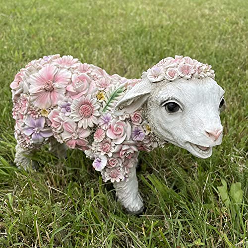 OF Gartenfiguren süsses Schaf mit Blumen verziert - Gartenfigur Lamm Deko für außen Tiere groß (Schaf stehend) von OF
