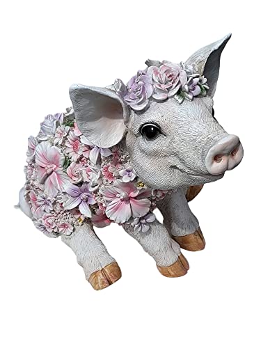 OF Gartenfiguren süsses Schwein mit Blumen verziert - Gartenfigur Ferkel Deko für außen Tiere groß (Schwein sitzend) von OF