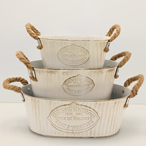 OF 3 Blumentöpfe aus Metall im Vintage Look - Blumentopf, Pflanzkasten Set - Grün, Weiß, rund oder oval (Weiß oval P54) von OF