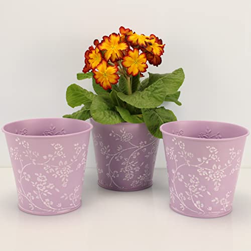 OF 3 Blumentöpfe aus Metall mit Blumenmuster im Set - Blumentopf Kräutertopf – 14 cm groß (Flieder P51) von OF