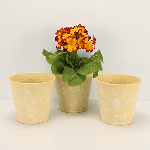 OF 3 Blumentöpfe aus Metall mit Blumenmuster im Set - Blumentopf Kräutertopf – 14 cm groß (Gelb P50) von OF