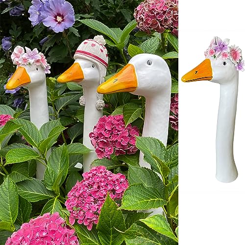 OF Gänsehals Gartenstecker Gans - Höhe 35 bis 38 cm groß - Deko Gartenfiguren für außen (Blumenkranz) von OF