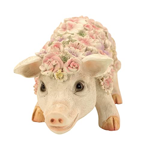 OF Gartenfiguren süsses Schwein mit Blumen verziert - Gartenfigur Ferkel Deko für außen Tiere groß (Blumenschwein grasend) von OF