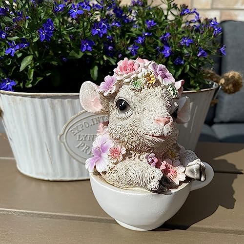 OF Süsse Gartenfiguren für außen - Hase, Schwein, Schaf, Lamm mit Blumenwiese - Garten Deko Tiere Figuren - 15 cm groß (Lamm) von OF