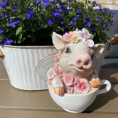 OF Süsse Gartenfiguren für außen - Hase, Schwein, Schaf, Lamm mit Blumenwiese - Garten Deko Tiere Figuren - 15 cm groß (Schwein) von OF