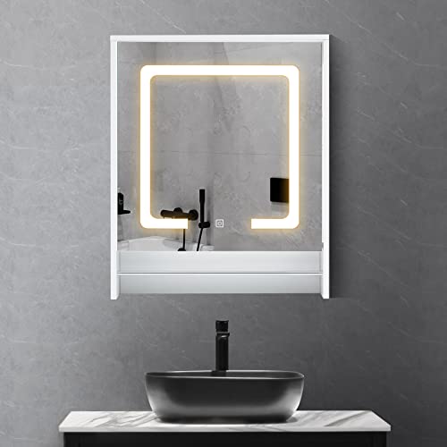 OFCASA Badezimmer-Spiegelschrank mit 1 Tür, mit LED-Lichtern, Wandmontage, Badezimmerschrank mit verstellbaren Einlegeböden, leicht erreichbarer Schrank für Duschraum, 60 x 70 x 15 cm von OFCASA