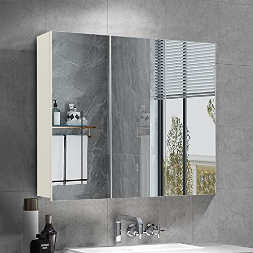 OFCASA Badezimmerspiegelschrank mit 3 Türen, Wandmontage, Aufbewahrungsschrank, Verstellbare Regale, Wandschrank für Duschraum, 70 x 60 x 15 cm von OFCASA