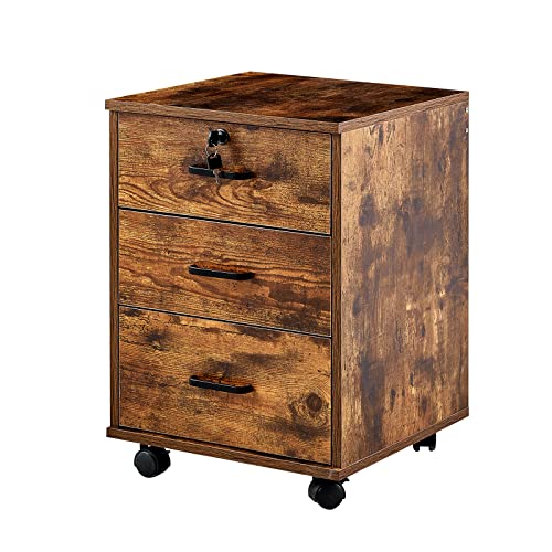 OFCASA Mobiler Aktenschrank mit Schloss 3 Schubladen Büro Rollschrank mit Rollen Industrie Holz Aufbewahrung Aktenschrank für Home Office 40 x 40 x 55 cm von OFCASA