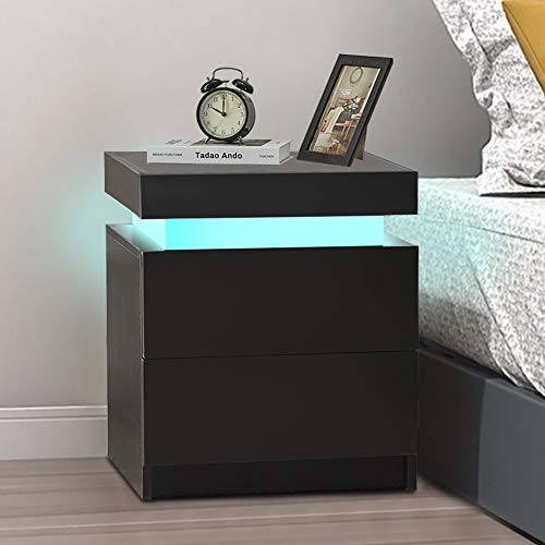 OFCASA Sideboard Hochglanz Schrank mit Ablage und Schubladen LED Schrank für Esszimmer, Flur, Heimmöbel Schrank mit 2 Schubladen, Schwarz von OFCASA