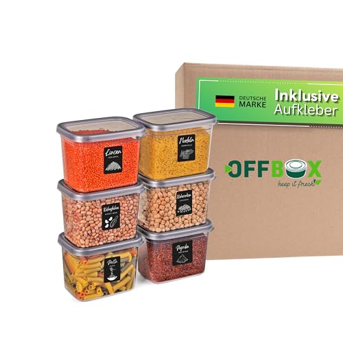 OFFBOX Vorratsdose mit Deckel luftdicht | 6x 1200ml Rechteckiges Vorratsdosen Set BPA-frei | Küchen Organizer & Aufbewahrungsbox für Mehl, Müsli & Zucker | Stapelbar & platzsparend von OFFBOX