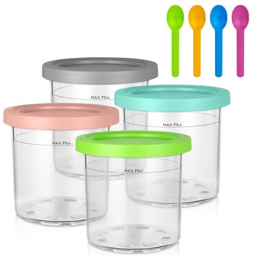 OFFCUP Creami Behälter für die Ninja Creami Eismaschine, 4er-Set Creami Pint Behälter für Ninja Creami Deluxe Pints, Eisbehälter für Speiseeis mit Löffel, Eismaschine Zubehör für NC301 NC300 Serie von OFFCUP
