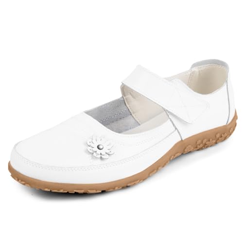 OFFCUP Damen Leder Mary Jane mit Klettverschluss Bequeme Flache Schuhe Ballerinas Rutschfeste Sohle Damen Elegant Loafer Pflege Halbschuhe Ideal für Büro Alltag von OFFCUP