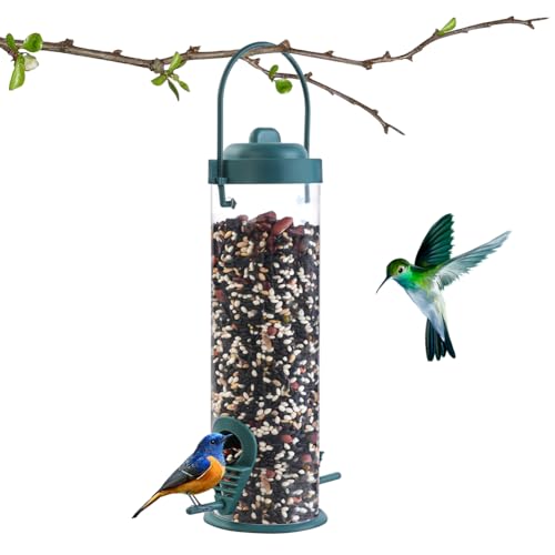 OFFCUP Futtersäule, Vogelfutterspender Kunststoff 21,5cm mit 2 Anflugplätzen, Vogel Futterstation zum Aufhängen, Wildvögel Futtersilo Transparentrohr Vogelfutterhaus für Garten Terrasse von OFFCUP