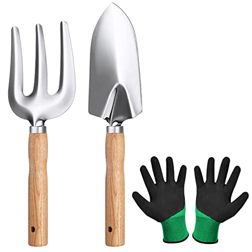 OFFCUP Gartenwerkzeug-Set, 3pcs Garten Handwerkzeuge enthält EIN Paar Handschuhe, Klein Schaufel, Gartenbepflanzung Schaufel Topfblumen Gartengeräte Lose Boden Rechen von OFFCUP