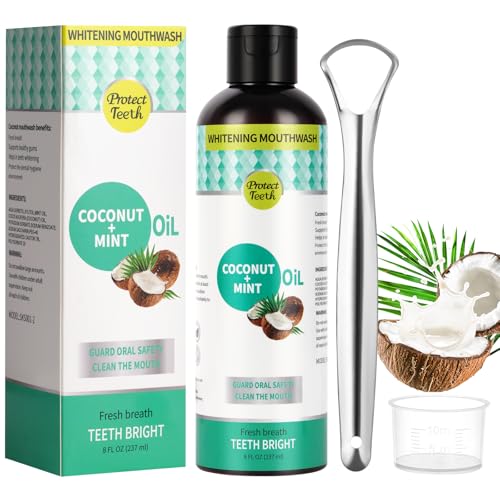 OFFCUP Kokosöl Mundspülung mit Zungenschaber 237ml Mundziehöl mit Kokosnuss Aufhellendes Öl Mundspülung Zahnaufhellung und Gesündere für Ölziehen Alkoholfrei Fluoridfrei von OFFCUP