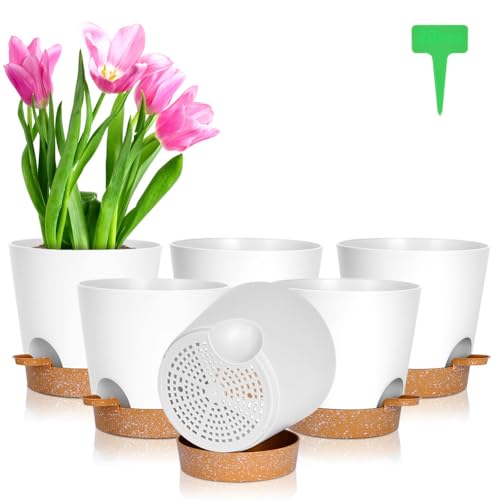 OFFCUP Kunststoff Blumentopf, 6 Stück Blumentopf mit Untersetzer, Pflanztopf Selbstbewässerung 16.5 * 17cm, mit 20 Pflanzenetiketten Blumentopf Mit Bewässerungssystem für Innen und Balkon Pflanzen von OFFCUP
