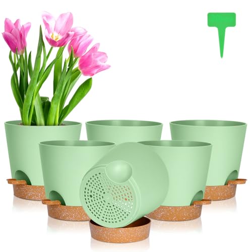 OFFCUP Kunststoff Blumentopf, 6 Stück Blumentopf mit Untersetzer, Pflanztopf Selbstbewässerung 20 * 19cm, mit 20 Pflanzenetiketten Blumentopf Mit Bewässerungssystem für Innen und Balkon Pflanzen von OFFCUP