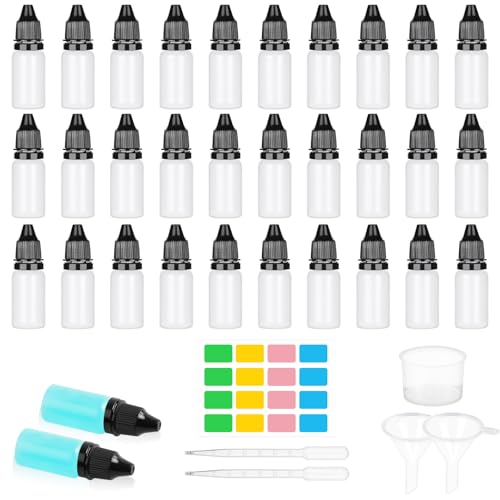 OFFCUP Liquid Flaschen, 30 Stück Kunststoff Tropfflasche 10ml Dropper Bottle, Augentropfen Flasche Quetschflaschen mit Kindersicherung Deckel Inkl. Messbecher Trichter Transfer Pipette und Etiketten von OFFCUP