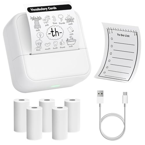 OFFCUP Mini Drucker Mini Fotodrucker mit 5 Papierrollen Tragbarer Mini Printer Thermodrucker Taschendrucker Smartphone Bluetooth Drucker für iOS und Android für Studiennotizen Fotos Etiketten, Weiß von OFFCUP