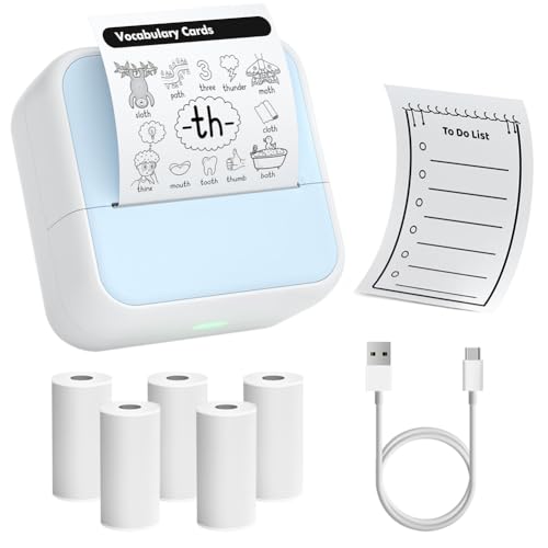 OFFCUP Mini Drucker Mini Fotodrucker mit 5 Papierrollen Tragbarer Mini Printer Thermodrucker Taschendrucker Smartphone Bluetooth Drucker für iOS und Android für Studiennotizen Fotos Etiketten, Blau von OFFCUP