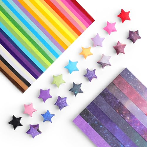 OFFCUP Origami Stern Papierstreifen, 1080 Stück Glücksstern Papierstreifen 27 Farben Kunsthandwerk Sterne Papier Regenbogenfarbe und Sternenhimmel Muster Origamipapier für Bastelarbeiten, Dekoration von OFFCUP