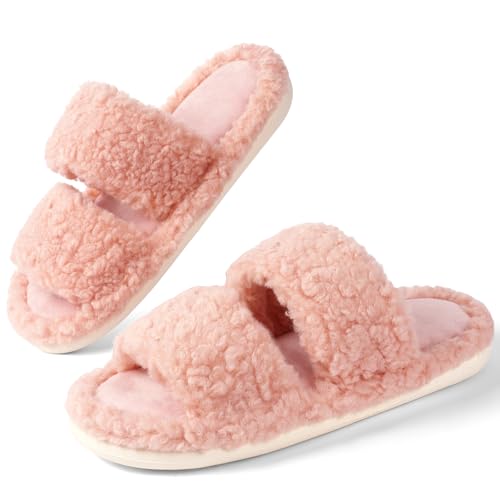 OFFCUP Plüsch Hausschuhe Damen, Plüsch Pantoffeln Winter Slides, Gemütliche Damen Hausschuhe Offene Zehenpartie Warme Pantoffeln Damen Pelzige Flache Slippers Trendig für Drinnen und Draußen von OFFCUP
