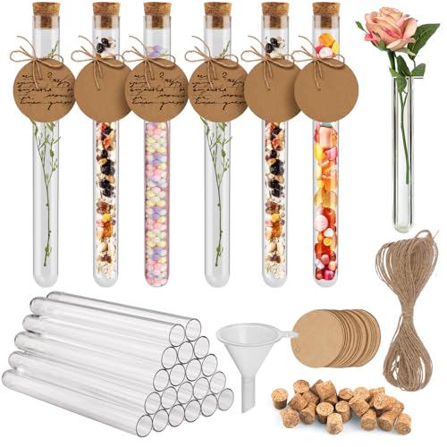 OFFCUP Reagenzgläser Set, 20 Stück Kunststoff Reagenzglas mit Korken 16*150mm Transparent Reagenzgläser für Blumen Reagenzglas mit Kraftpapieranhänger, Hanfseil und Trichter, für Bonbons, Blumen, DIY von OFFCUP