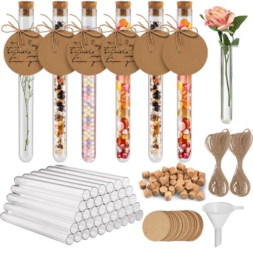 OFFCUP Reagenzgläser Set, 40 Stück Kunststoff Reagenzglas mit Korken 16*150mm Transparent Reagenzgläser für Blumen Reagenzglas mit Kraftpapieranhänger, Hanfseil und Trichter, für Bonbons, Blumen, DIY von OFFCUP