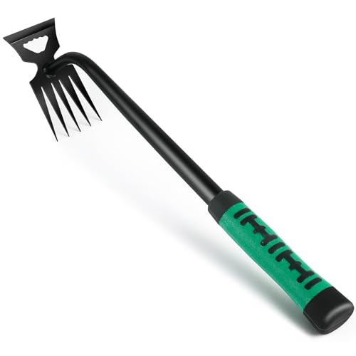 OFFCUP Unkrautstecher Edelstahl Unkrautentferner Unkrautjäter Unkraut Entferner Gerät Wurzeljäter Gartenarbeit Hand Entwurzelungswerkzeug mit Stiel Gummigriff 5 Zähne Effizientes Entfernen von Unkraut von OFFCUP