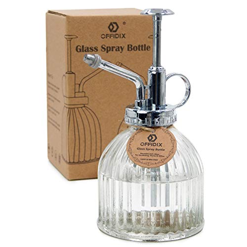 OFFIDIX Transparente Glas-Bewsserungs-Spray-Flasche, 6,5" Tall Vintage Style Spritzer mit Bronze-Kunststoff-Top-Pumpe One Hand Spritzflasche von OFFIDIX