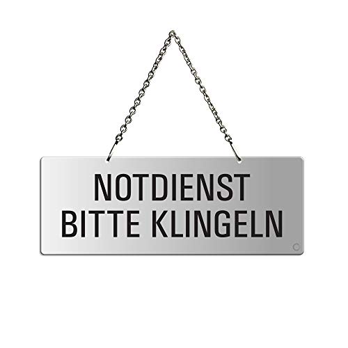 Hängeschild Notdienst Bitte Klingeln 175x65 mm Aluminium Silber-matt eloxiert Text einseitig Metallkette Nr.31201-E von OFFORM DESIGN