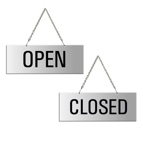 Hängeschild Open/Closed 175x65 mm Wendeschild aus Aluminium silber-matt eloxiert Text einseitig Metallkette Nr.31201-E von OFFORM DESIGN
