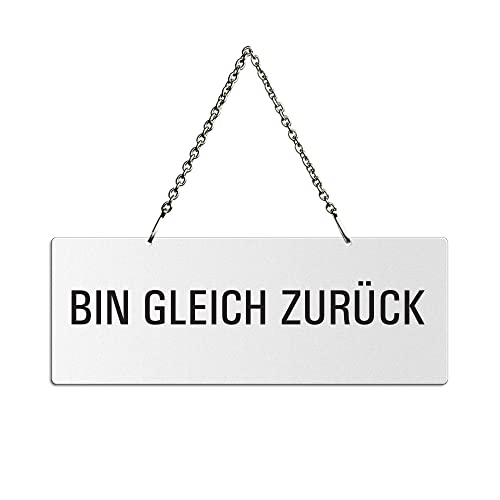 Hängeschild Bin gleich zurück 175 x 65 mm Aluminium beidseitig weiß lackiert Metallkette Text einseitig 31031-W von OFFORM DESIGN