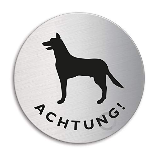 Schild Achtung Hund Ø 100 mm Türschild aus Edelstahl fein-matt gebürstet selbstklebend Nr.7540 von OFFORM DESIGN