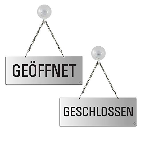 OFFORM DESIGN Hängeschild Geöffnet/Geschlossen 175x65 mm Wendeschild aus Aluminium Silber-matt eloxiert Text zweiseitig Metallkette und Saugnapfhaken Nr.31203-ES von OFFORM DESIGN