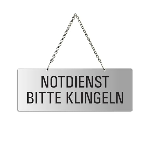 Hängeschild Notdienst Bitte Klingeln 175x65 mm Aluminium silber-matt eloxiert Text einseitig Metallkette Nr.31201-E von OFFORM DESIGN